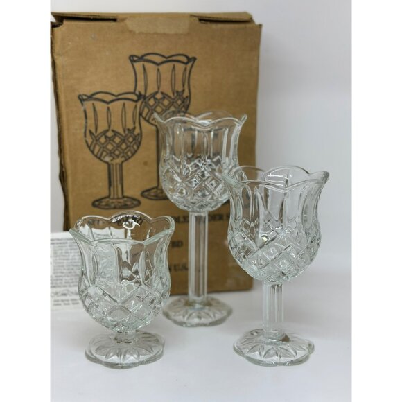 VTG Home Interior & Gifts Crystal Tulip Goblet Candle Holders Set 3 Press Glass - Picture 2 of 6
